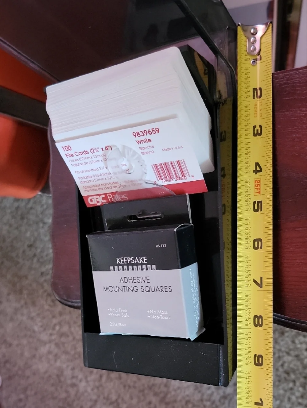 Black Index Card/File Holder with White Cards & Adhesive Mounting Squares
